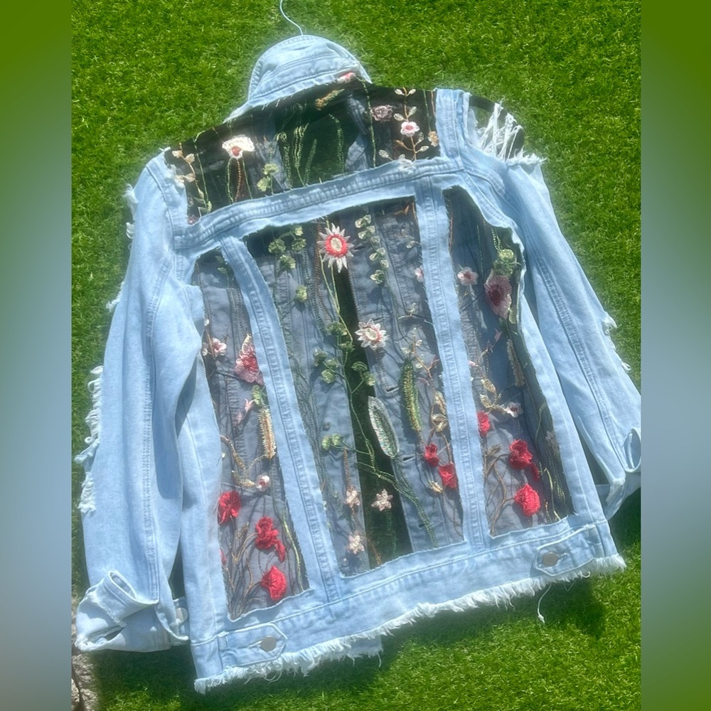 Handmade sheer panel floral denim jacket